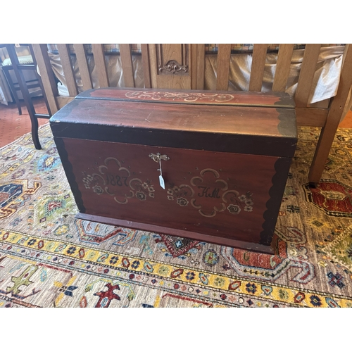 699 - 19th. C. painted pine dome topped travel trunk, mongrammed H. M. { 48cm H X 48cm W X 44cm D }.