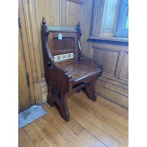 70 - 19th. C. Ecclesiastical oak side chair with brass gallery and inset tiled panel, in the Arts & Craft... 