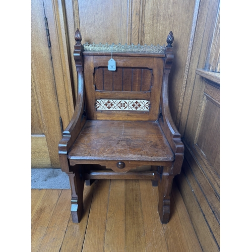 70 - 19th. C. Ecclesiastical oak side chair with brass gallery and inset tiled panel, in the Arts & Craft... 