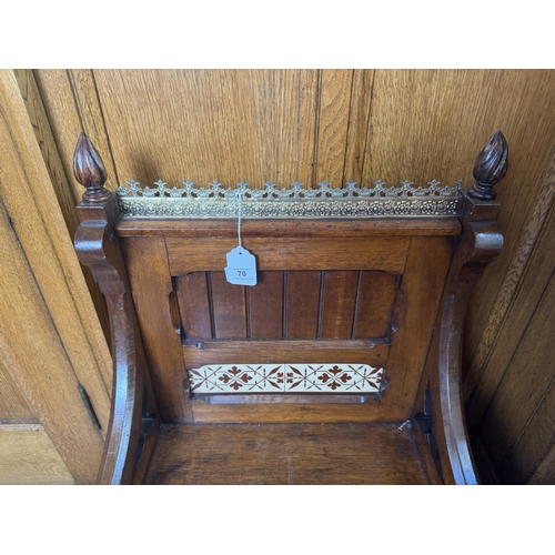 70 - 19th. C. Ecclesiastical oak side chair with brass gallery and inset tiled panel, in the Arts & Craft... 