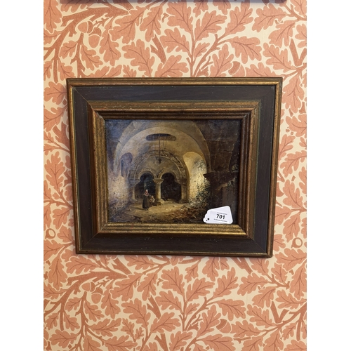 701 - 19th. C. Women in the Cloisters Oil on Canvas, mounted in a gilt frame. { 37cm H X 42cm W }.