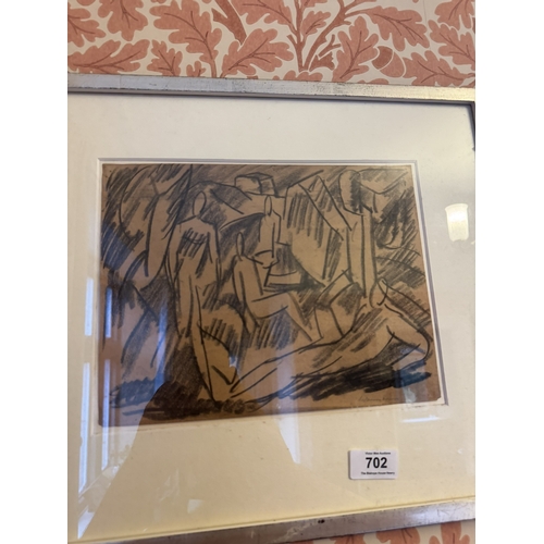 702 - Figures framed Charcoal signed. { 37cm H X 42cm W }.