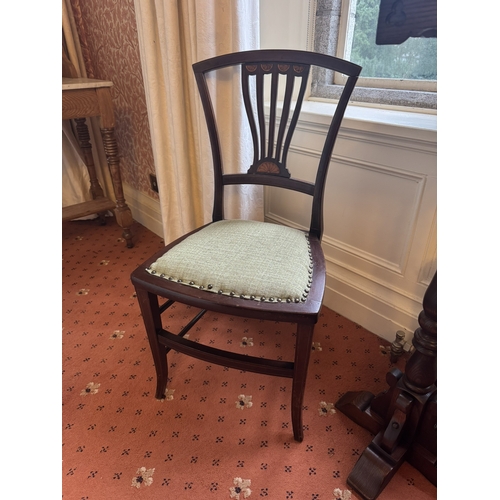 706 - Good quality pair of Edwardian inlaid mahogany side chairs with upholstered seats. { 87cm H X 43cm W... 