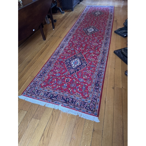 71 - Good quality Kashmar hand knotted pure wool carpet runner. { 435cm L X 102cm W }.