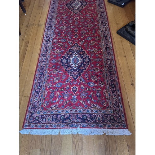 71 - Good quality Kashmar hand knotted pure wool carpet runner. { 435cm L X 102cm W }.