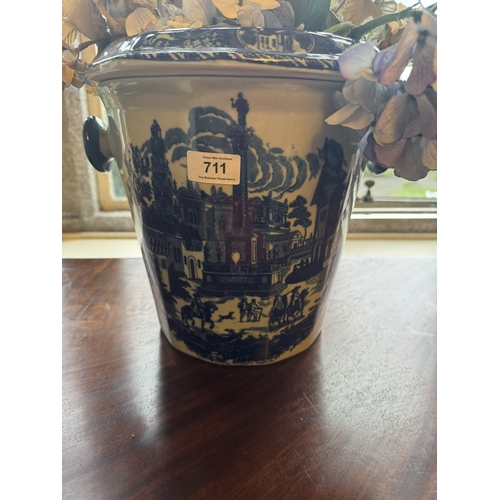 711 - Blue and white ceramic slop bucket. { 29cm H X 29cm Dia. }.