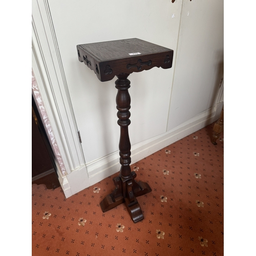 713 - 19th. C. oak torchere, raised on turned column and cross base, in the Gothic manner. { 95cm H X 36cm... 