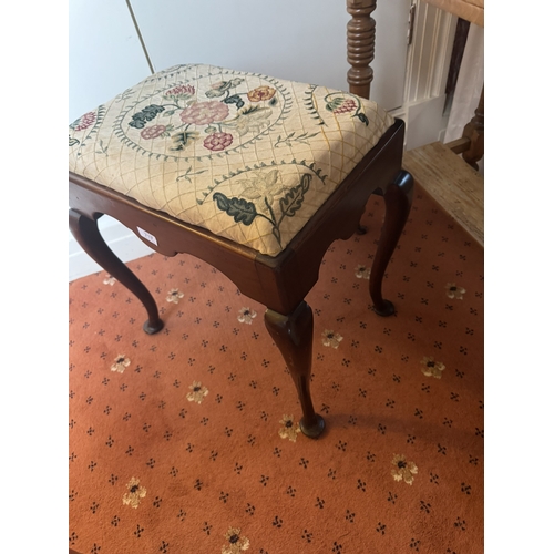 717 - 19th. C. mahogany stool with upholstered seat, raised on cabriole legs and pad feet, in the Irish Ge... 