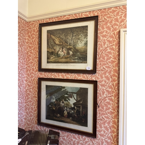 721 - Pair of 19th C. Returning From Market and The Happy Cottagers coloured print mounted in oak frames {... 