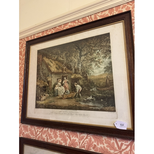 721 - Pair of 19th C. Returning From Market and The Happy Cottagers coloured print mounted in oak frames {... 