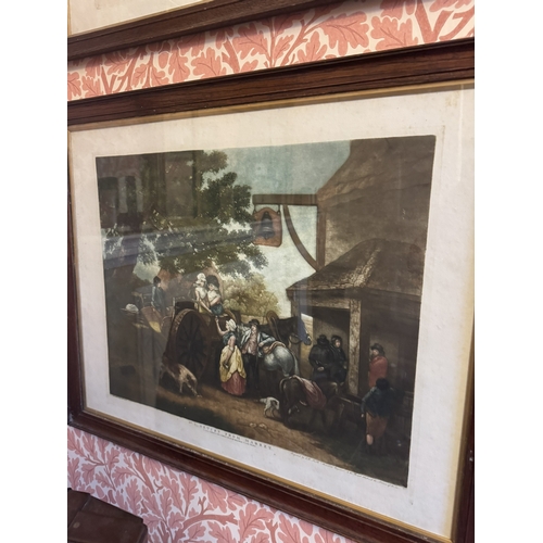 721 - Pair of 19th C. Returning From Market and The Happy Cottagers coloured print mounted in oak frames {... 