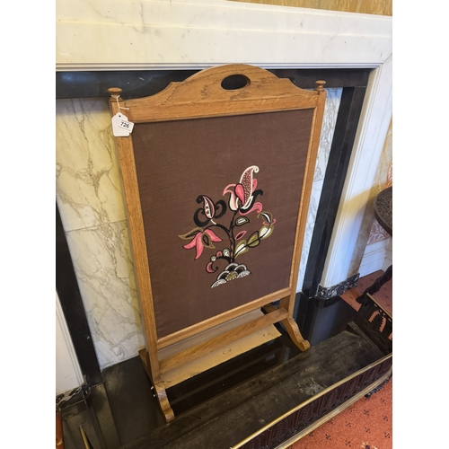 726 - 1930's oak fire screen with embroided panel. { 106cm H X 40cm W }.