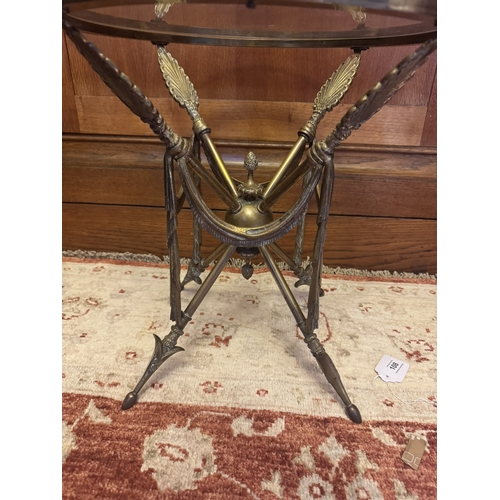 73 - French brass and glass campaign table, the base decorated with acanthus leaves. { 42cm H X 50cm Dia ... 