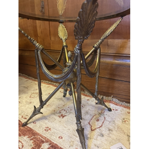 73 - French brass and glass campaign table, the base decorated with acanthus leaves. { 42cm H X 50cm Dia ... 