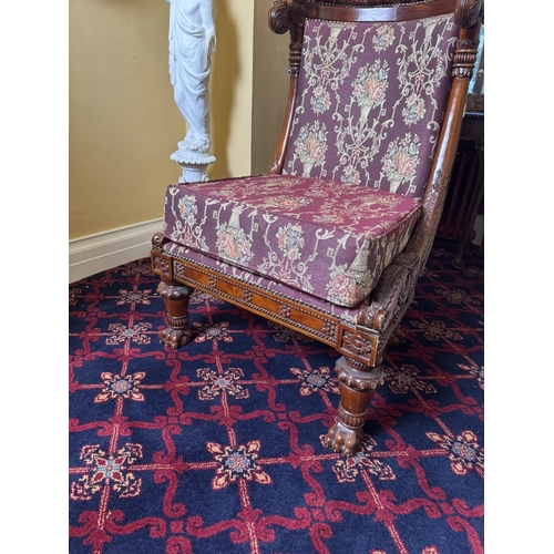 742 - Decorative Italian upholstered mahogany Bishop's chair with carved sides and turned tapered legs ter... 