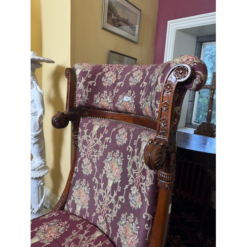 742 - Decorative Italian upholstered mahogany Bishop's chair with carved sides and turned tapered legs ter... 