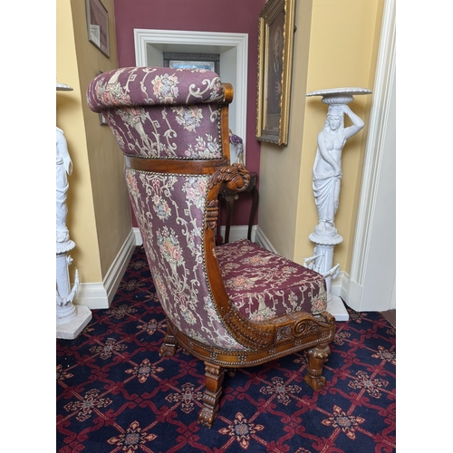 742 - Decorative Italian upholstered mahogany Bishop's chair with carved sides and turned tapered legs ter... 