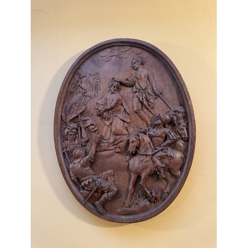 743 - Set of six oval oak Stations of the Cross. { 94cm H X 72cm W }.