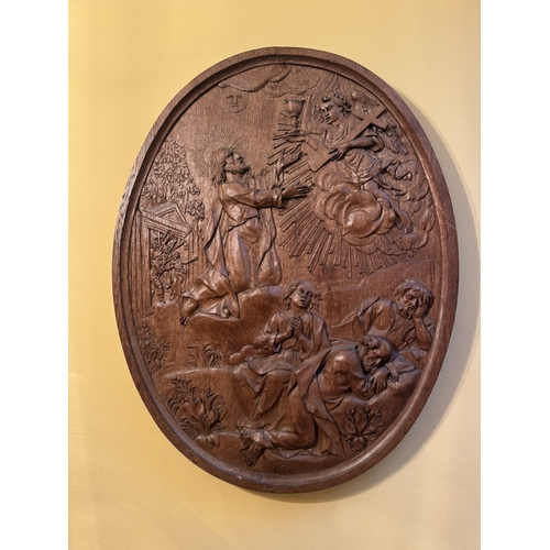 743 - Set of six oval oak Stations of the Cross. { 94cm H X 72cm W }.