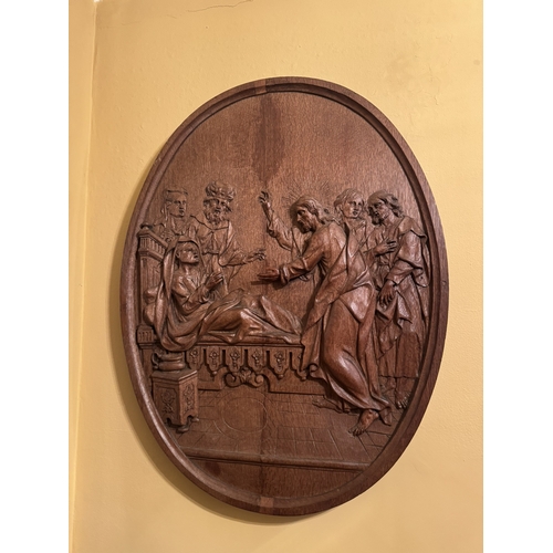 743 - Set of six oval oak Stations of the Cross. { 94cm H X 72cm W }.