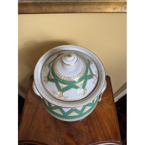 746 - 19th. C. lidded ceramic urn, decorated with foliage, flowers and gilding. { { 41cm H X 31cm Dia }.