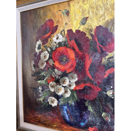 747 - Still Life Poppies  Oil on Canvas, artist unknown, mounted in a gilt frame. { 70cm H X 60cm W }.