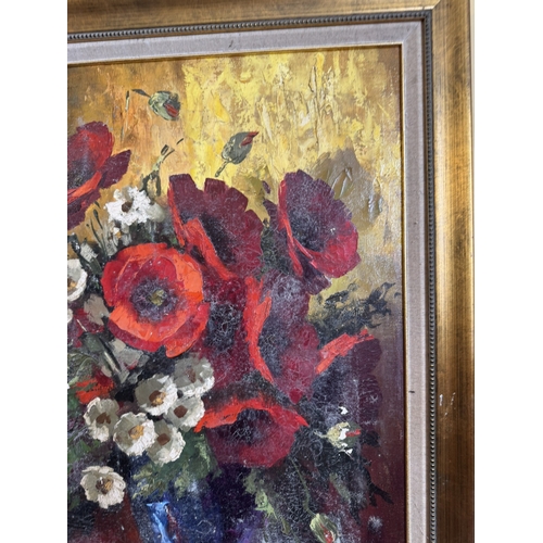 747 - Still Life Poppies  Oil on Canvas, artist unknown, mounted in a gilt frame. { 70cm H X 60cm W }.