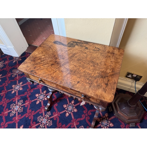 748 - 19th. C. walnut sewing table with sliding basket in the frieze, raised  on turned columns, outswept ... 