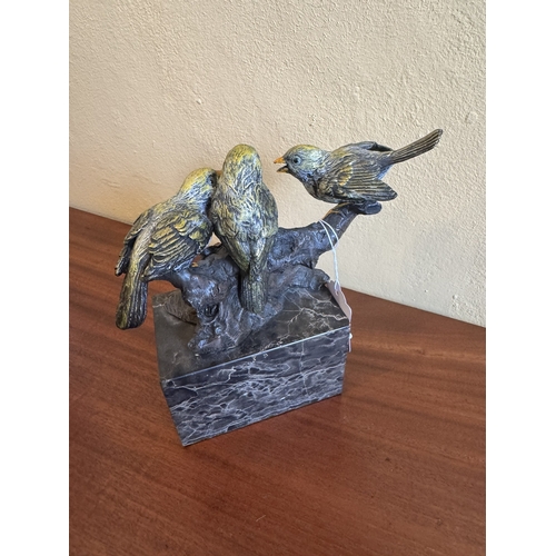 752 - Painted bronze figural group of Birds mounted on marble base signed Milo {20 cm H x 20 cm W x 9 cm D... 