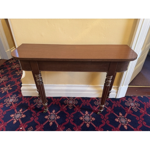 753 - Pair of Will. IV. Mahogany D - end side tables, raised on turned and reeded tapered legs terminating... 