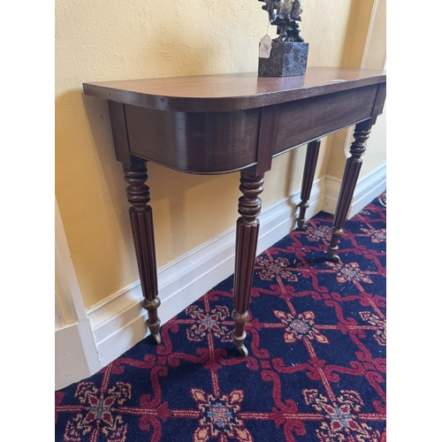 753 - Pair of Will. IV. Mahogany D - end side tables, raised on turned and reeded tapered legs terminating... 