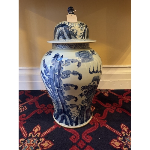 754 - Pair of decorative Oriental blue and white ceramic lidded urns. { 54cm H X 24cm Dia. }.