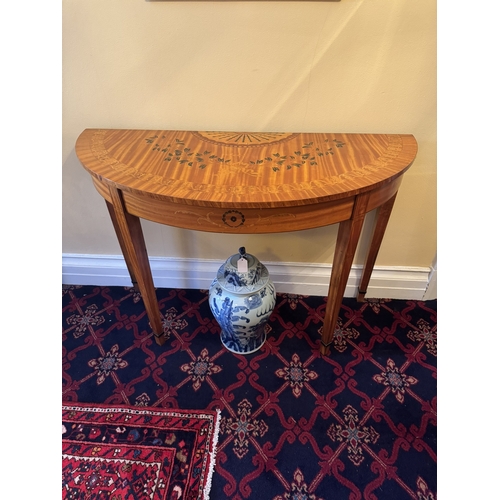 755 - Pair of exceptional quality 20th. C. inlaid satinwood demi - lune tables, raised on tapered legs, in... 