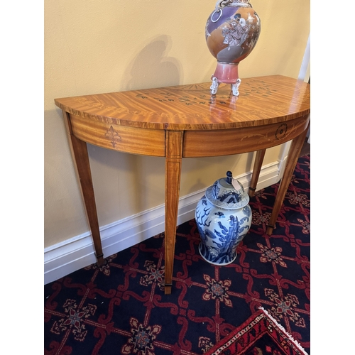 755 - Pair of exceptional quality 20th. C. inlaid satinwood demi - lune tables, raised on tapered legs, in... 