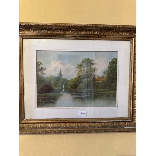 758 - E Ford Pair of River Scenes Oil on Board mounted in gilt frames. { 50cm H X 62cm W }