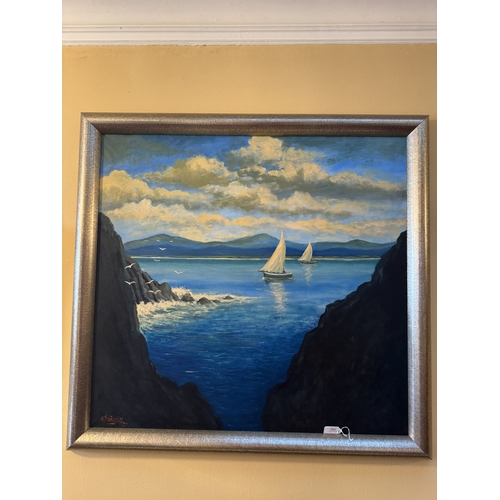 759 - Dan O'Neill Sailing Boats at Sea framed Oil on Canvas. { 109cm H X 113cm W }.