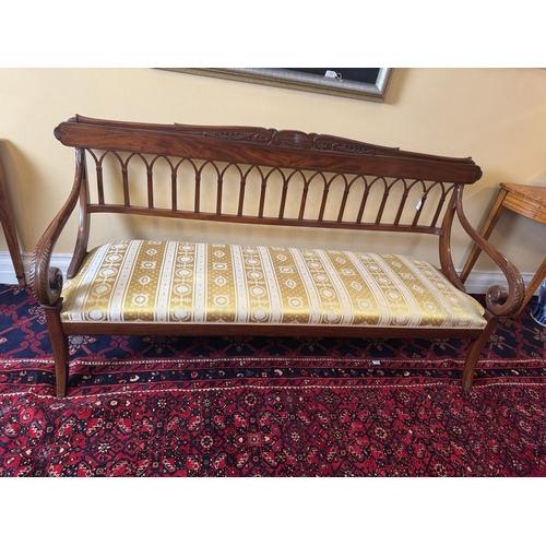 760 - Fine quality upholstered mahogany four seater hall bench, inlaid with brass, raised on splayed legs,... 