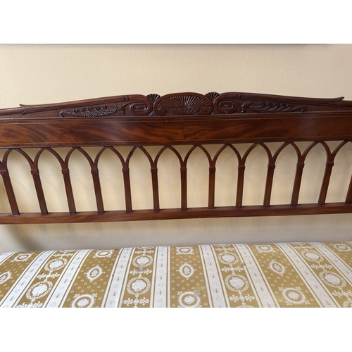 760 - Fine quality upholstered mahogany four seater hall bench, inlaid with brass, raised on splayed legs,... 