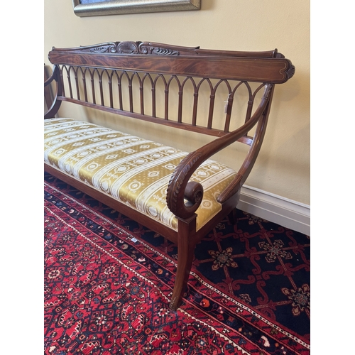 760 - Fine quality upholstered mahogany four seater hall bench, inlaid with brass, raised on splayed legs,... 