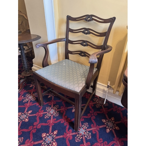 763 - Pair of early 20th. C. mahogany ladder backed open armed chairs with upholstered seats, raised on sq... 