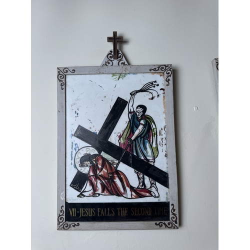 777 - Set of fourteen painted wood and glass Stations of the Cross. { 57cm H X 36cm W Each. }.