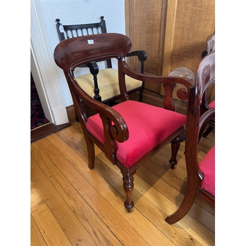 778 - Harlquin set of eleven mahogany chapel chairs with upholstered seats and matching open armed chair. ... 