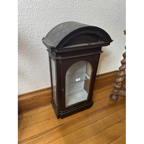 779 - 19th. C. oak dome topped wall display cabinet with single glazed door. { 77cm H X 46cm W X 24cm D }.