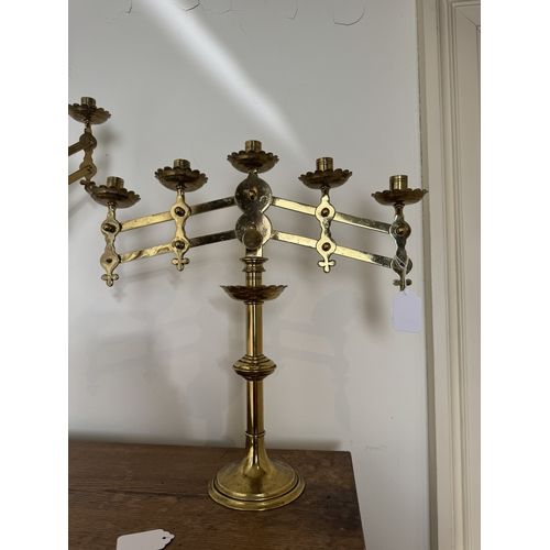 781 - Pair of 19th. C. brass Ecclesiastical candlesticks. { 55cm H X 321cm Dia }.