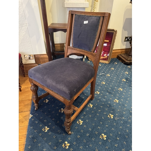 784 - 19th. C. upholstered oak side chair,raised on turned legs and stretcher. { 57cm H X 49cm Sq. }.