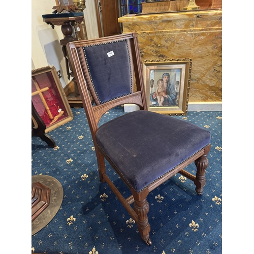 784 - 19th. C. upholstered oak side chair,raised on turned legs and stretcher. { 57cm H X 49cm Sq. }.