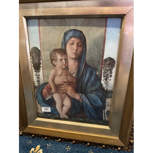 787 - Coloured print Mary and Jesus, mounted in a gilt frame. { 57cm H X 48cm W }.