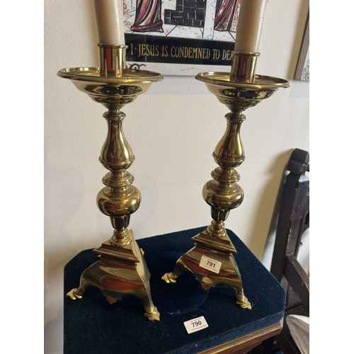 791 - Pair of 19th. C. brass Alter candlesticks, in the Art Nouveau manner. { 40cm H X 14cm Dia }.