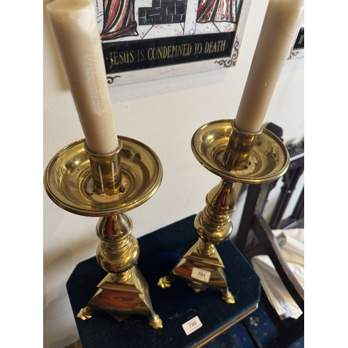 791 - Pair of 19th. C. brass Alter candlesticks, in the Art Nouveau manner. { 40cm H X 14cm Dia }.