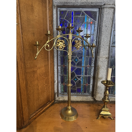 794 - Pair of 19th. Brass seven branch candelbra. { 95cm H X 67cm W }.